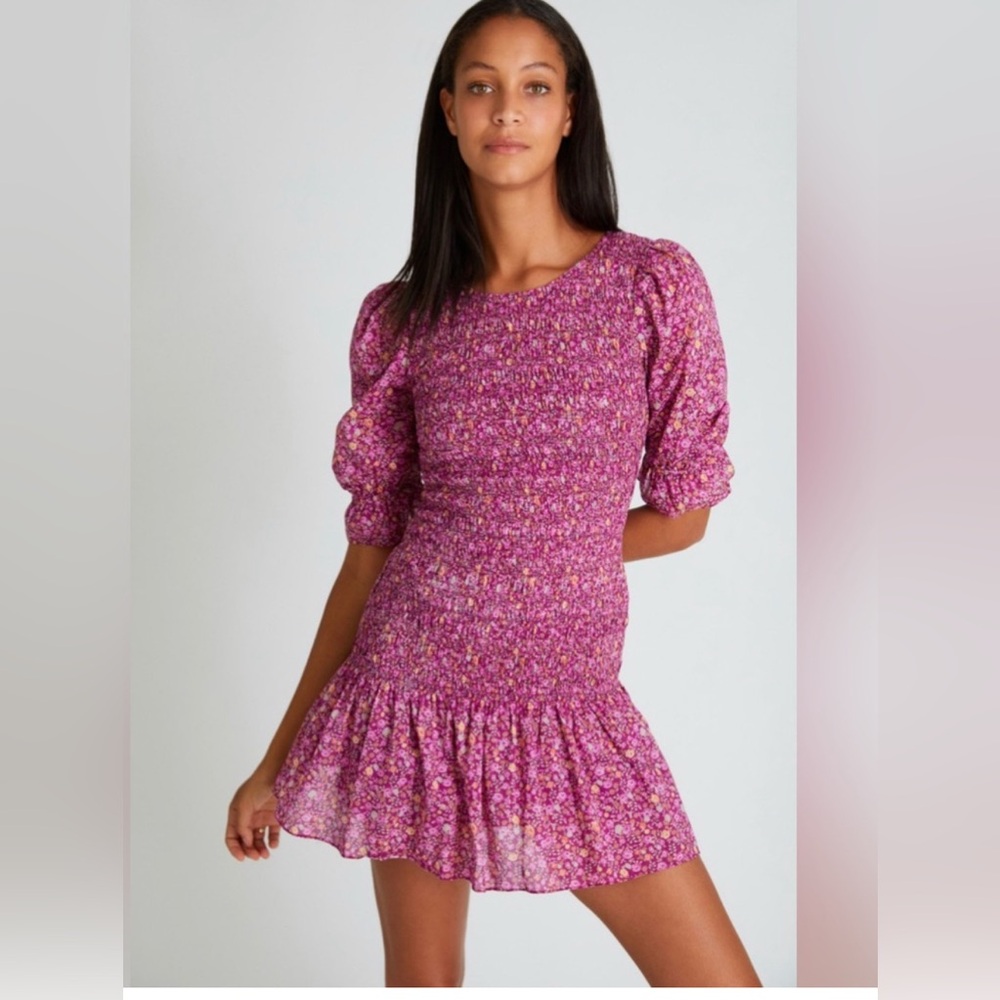 Floral Pink Puff-Sleeve Smocked Mini Dress